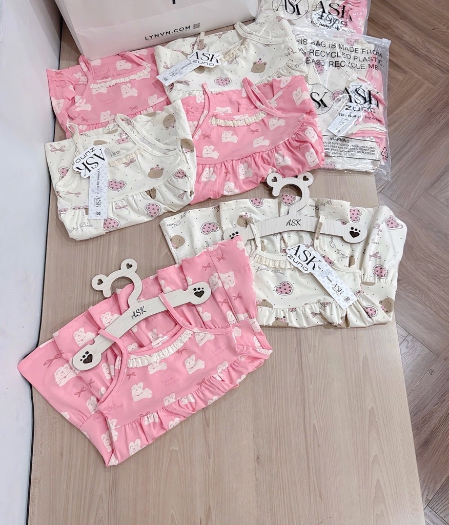 SET VÁY 2 DÂY VIỀN REN TONE BE HỒNG BÉ GÁI