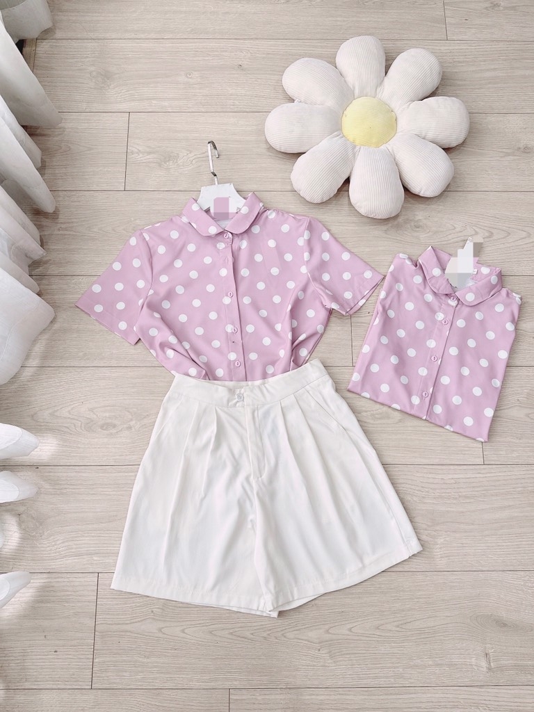 SET CHẤM BI HỒNG CỔ SEN NHỎ MIXX SHORT KAKI SẴN
