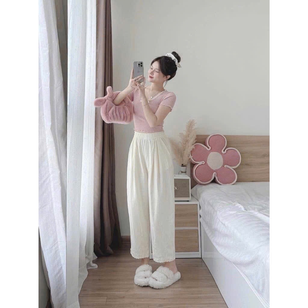 SET BỘ ÁO HỒNG PHỐI REN NƠ QUẦN SUÔNG PHỐI REN NỮ SẴN