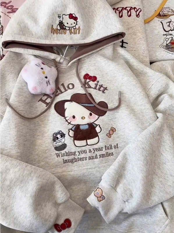 ÁO NỈ HAI DA THÊU KITTY – MŨ 2 LỚP DÀI TAY SIÊU XINH BÉ GÁI