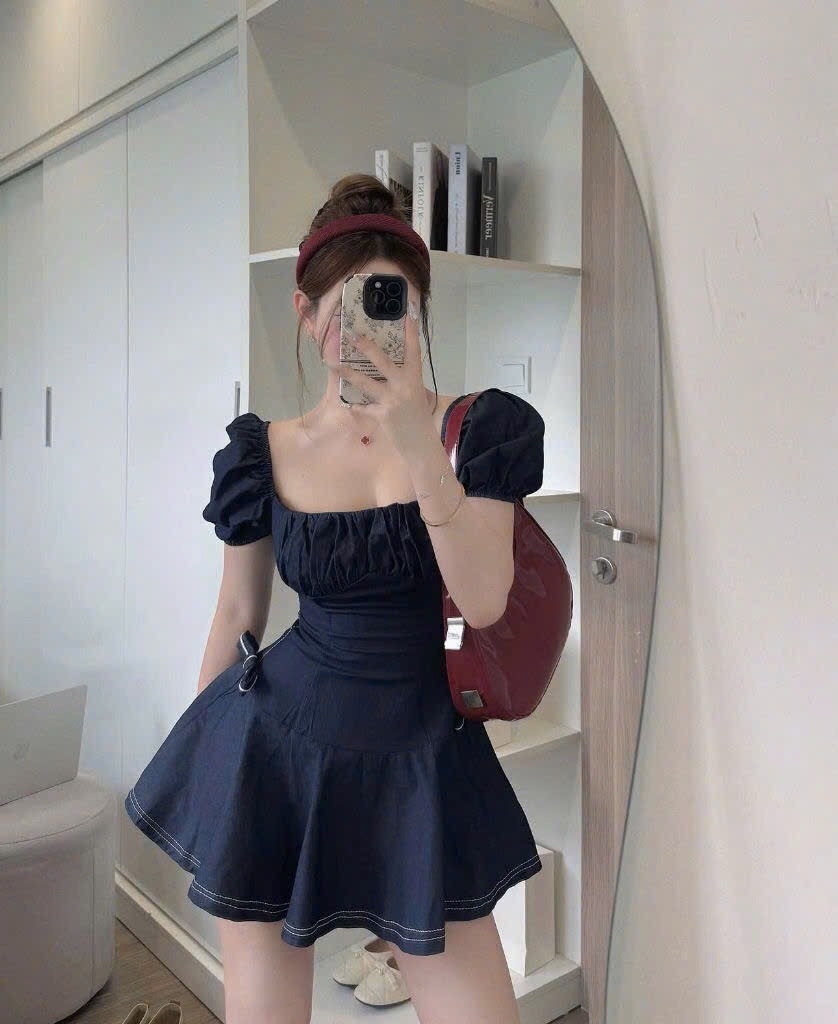VÁY JEAN DENIM DÁNG XOÈ ĐÍNH 2 NƠ