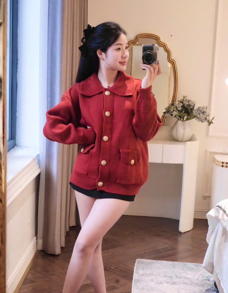 ÁO LEN CDG ĐỎ CAM CỔ BẺ NỮ THU ĐÔNG