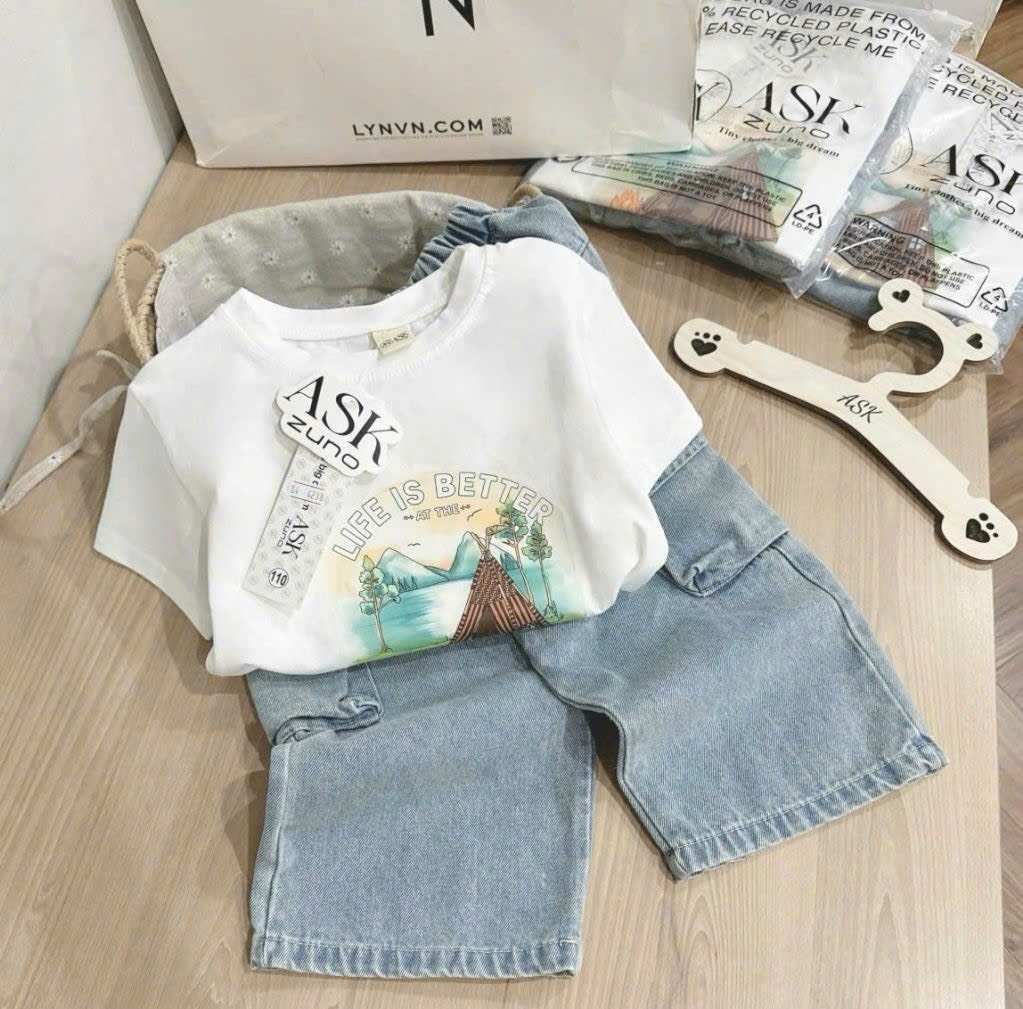 SET ÁO PHÔNG ÉP HÌNH CAMPFIRE QUẦN JEAN TÚI HỘP CHO BÉ TRAI
