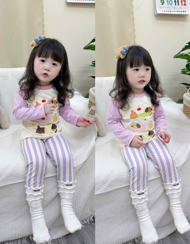 BỘ DÀI CHÓ CON NHỎ TONE TÍM BE QUẦN KẺ BÉ GÁI