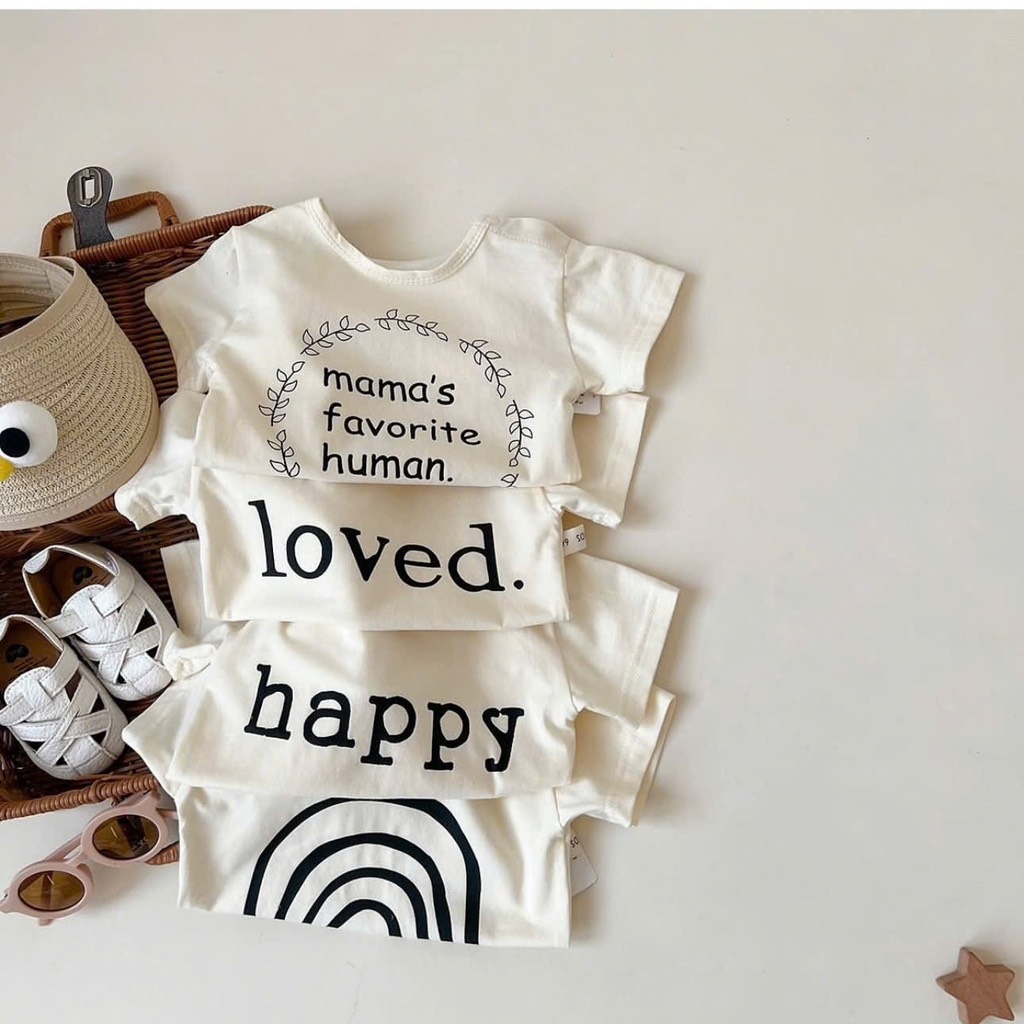 SET 4 ÁO PHÔNG CỘC TAY LOVED HAPPY MÀU BE BÉ TRAI BÉ GÁI SẴN (SALE 89k )