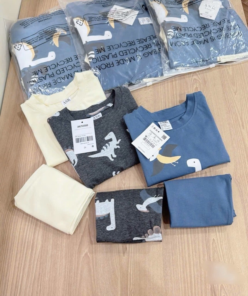 SET 3 BỘ DÀI TAY KHỦNG LONG TONE XANH TRẮNG XÁM BÉ TRAI