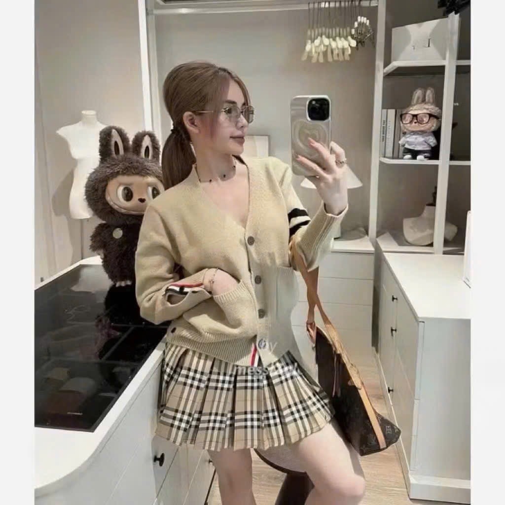 ÁO LEN CARDIGAN TAY SỌC MÀU BE NỮ THU ĐÔNG