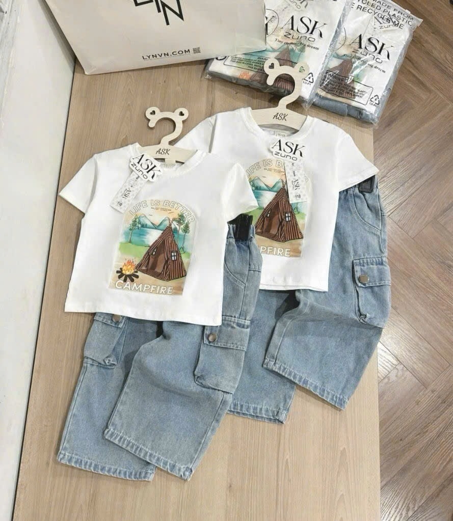 SET ÁO PHÔNG ÉP HÌNH CAMPFIRE QUẦN JEAN TÚI HỘP CHO BÉ TRAI