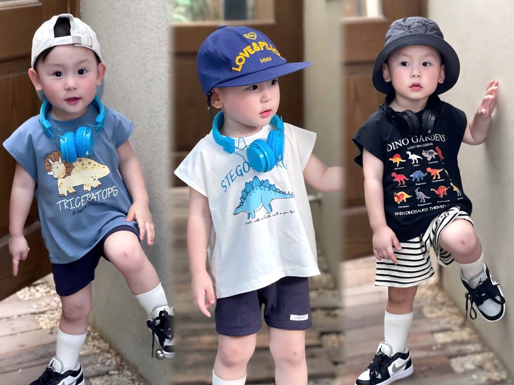 SET 3 ÁO PHÔNG ĐEN TRẮNG XANH KHỦNG LONG BÉ TRAI