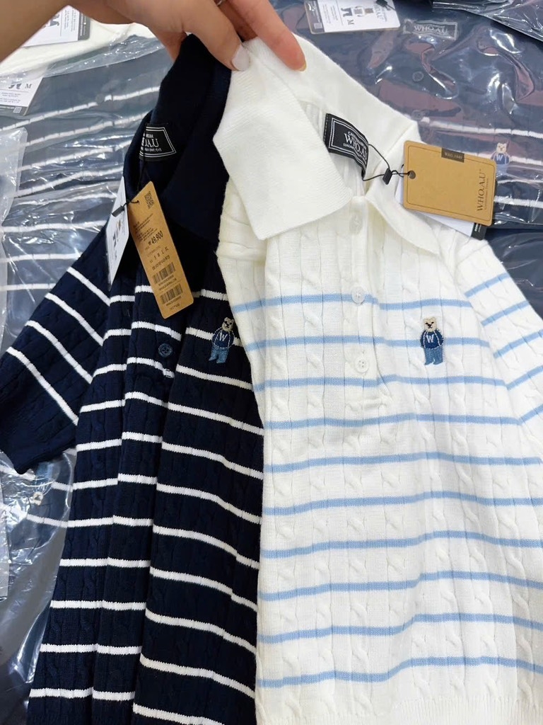 ÁO POLO LEN VẶN THỪNG THÊU GẤU CỘC TAY NỮ THU ĐÔNG