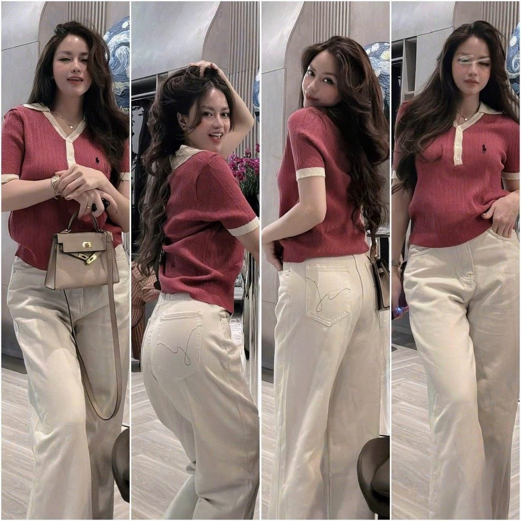 ÁO LEN ĐỎ VIỀN BE NỮ THÊU NGỰA NỮ THU ĐÔNG SẴN