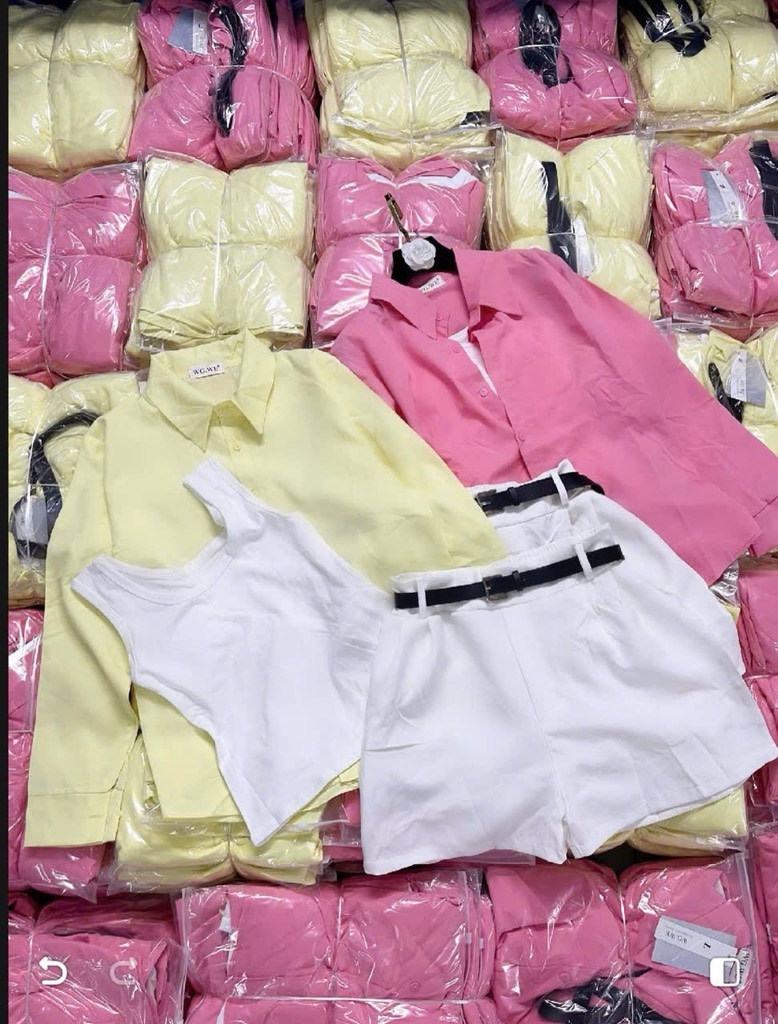 SET ÁO SƠ MI HỒNG MIX QUẦN VẢI TRẮNG NỮ
