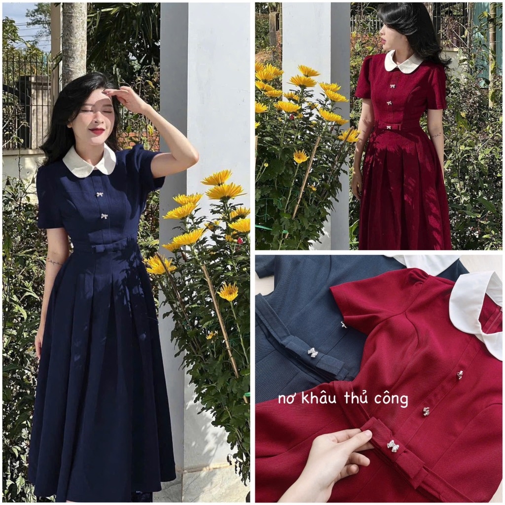VÁY XẾP LI NƠ EO CỔ PHỐI NỮ SẴN (SALE 149k)