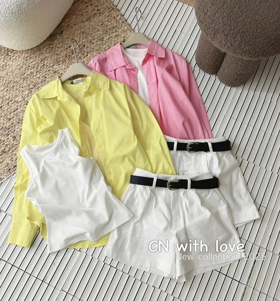 SET ÁO SƠ MI HỒNG MIX QUẦN VẢI TRẮNG NỮ