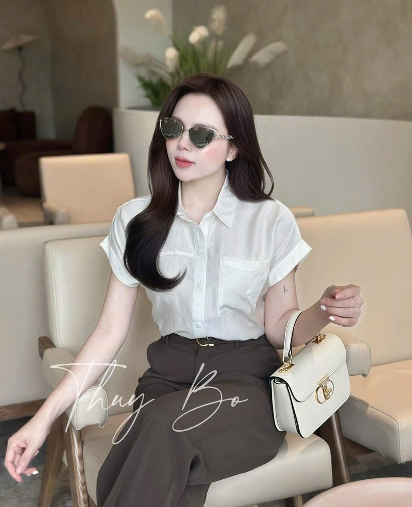 ÁO SƠ MI GU TÚI TRƯỚC HỒNG TRẮNG NỮ SẴN (SALE 80k)