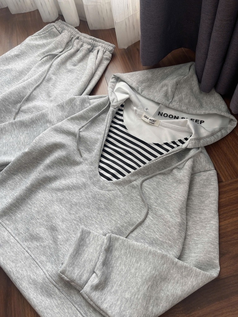 SET BỘ XÁM ÁO HOODY CỔ PHỐI KẺ NỮ THU ĐÔNG SẴN
