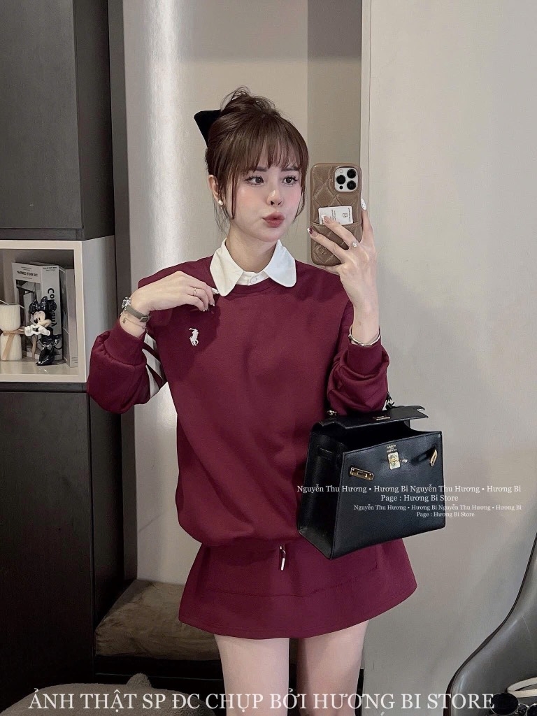 SET ÁO THÊU NGỰA VÁY NGẮN ĐỎ MẬN NỮ THU ĐÔNG