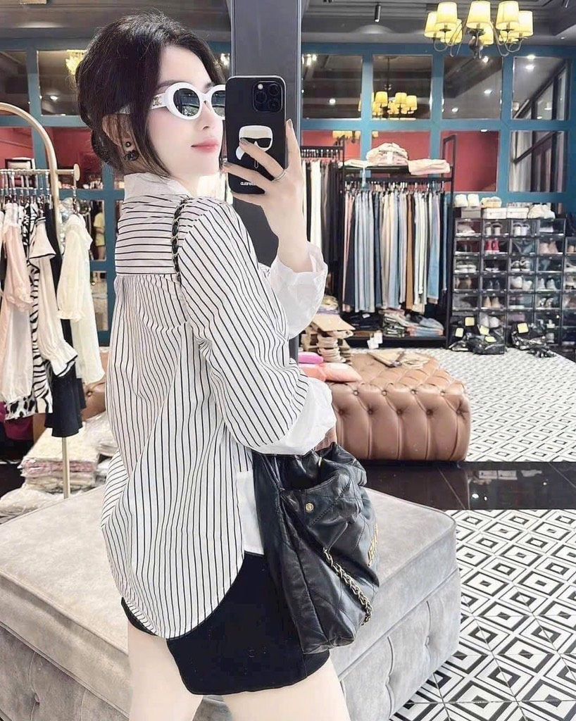ÁO SƠ MI GU PHỐI KẺ DÀI TAY NỮ SẴN