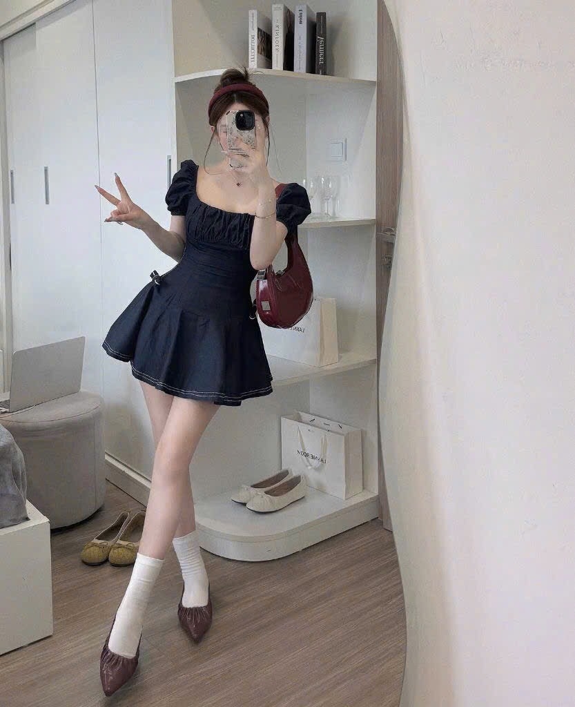 VÁY JEAN DENIM DÁNG XOÈ ĐÍNH 2 NƠ