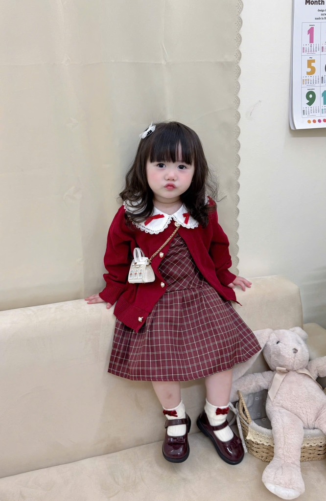 SET VÁY CARDIGAN ĐỎ TIỂU THƯ DÀI BÉ GÁI