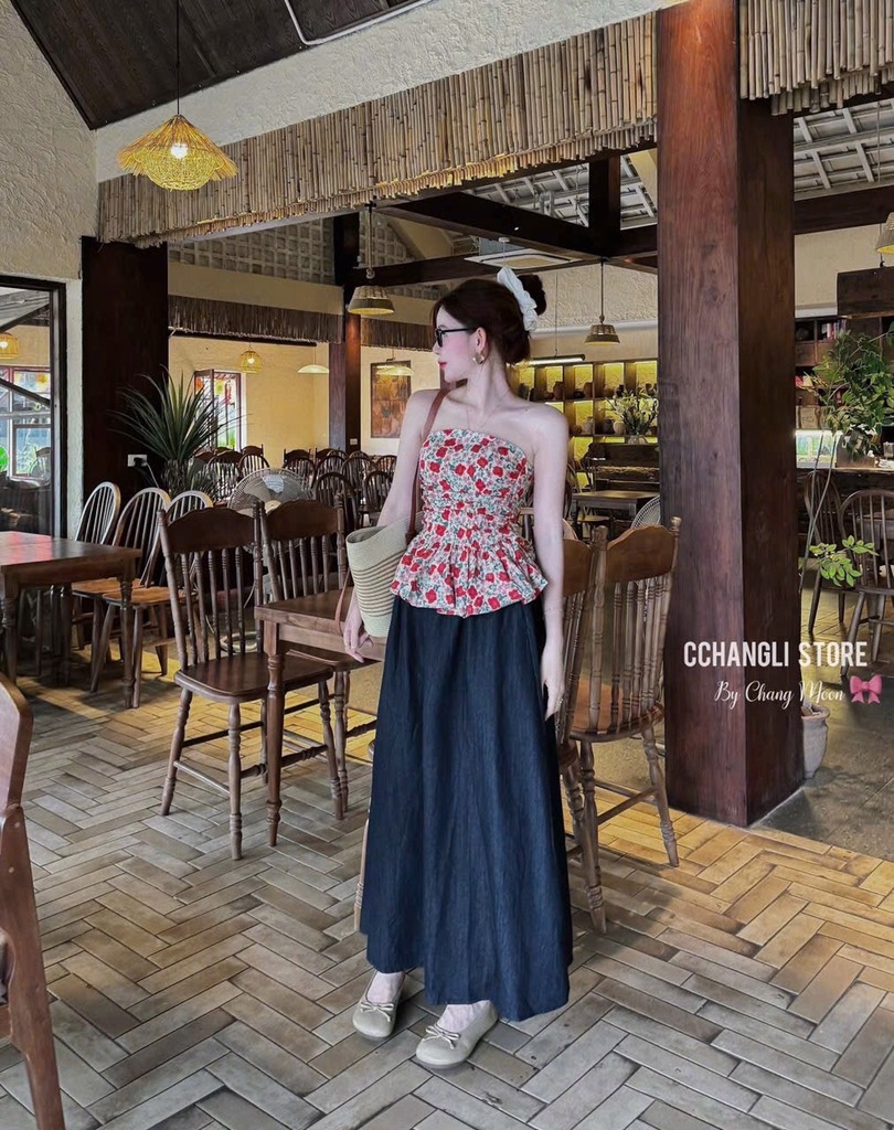 SET ÁO QUÂY HOA CÚP NGỰC MIX CHÂN VÁY DÁNG DÀI SẴN
