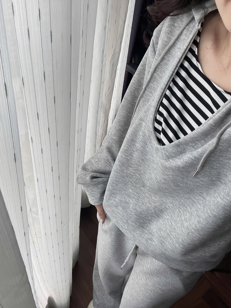 SET BỘ XÁM ÁO HOODY CỔ PHỐI KẺ NỮ THU ĐÔNG SẴN