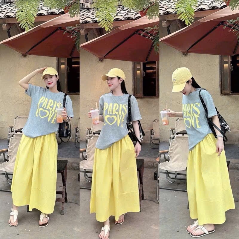 SET ÁO COTTON XÁM PARIS LOVE CHÂN VÁY VÀNG NỮ