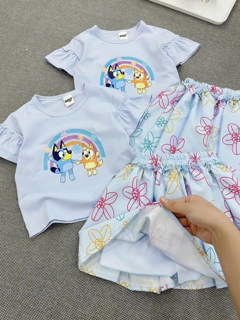 SET ÁO PHÔNG CV IN HOA BLUEY XANH TRỜI BÉ GÁI SẴN ( XẢ 39k)