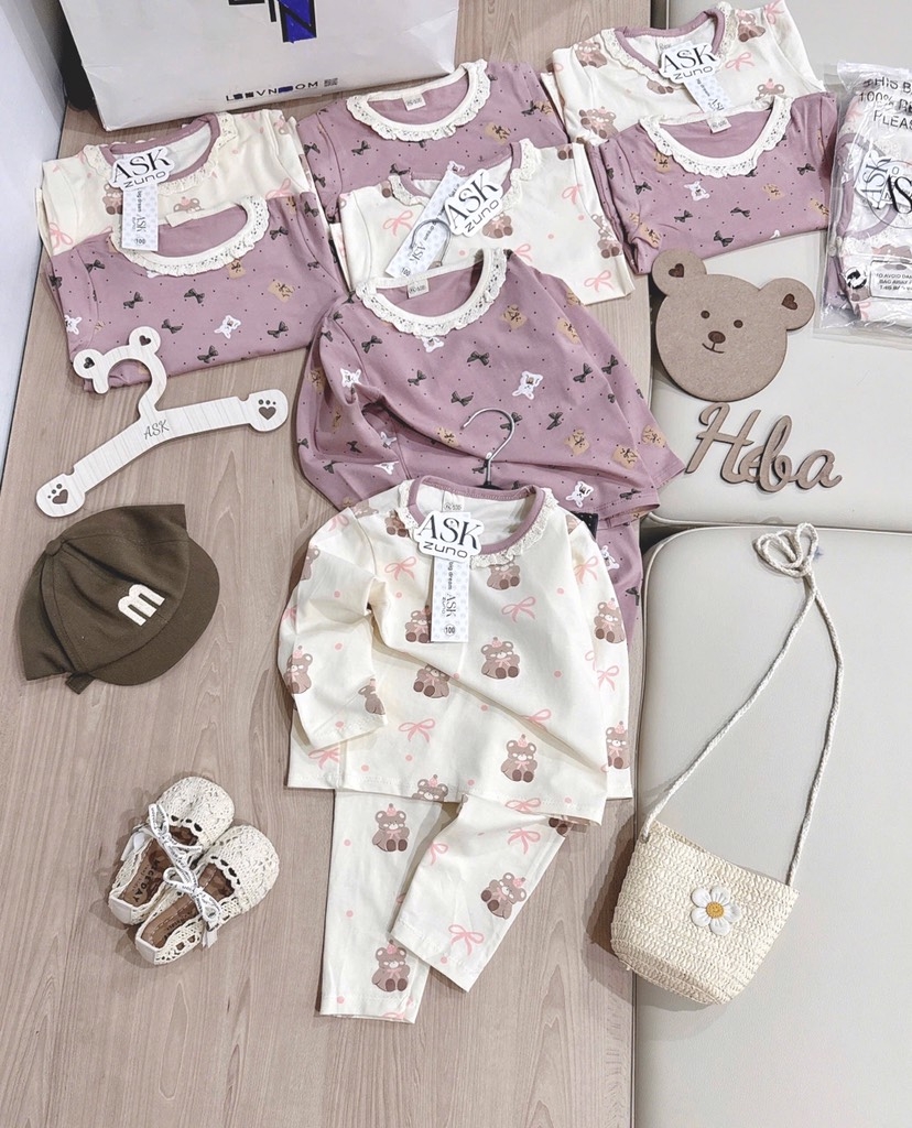 SET 2 BỘ DÀI COTTON GẤU NƠ MÀU HỒNG TÍM - BE BÉ GÁI