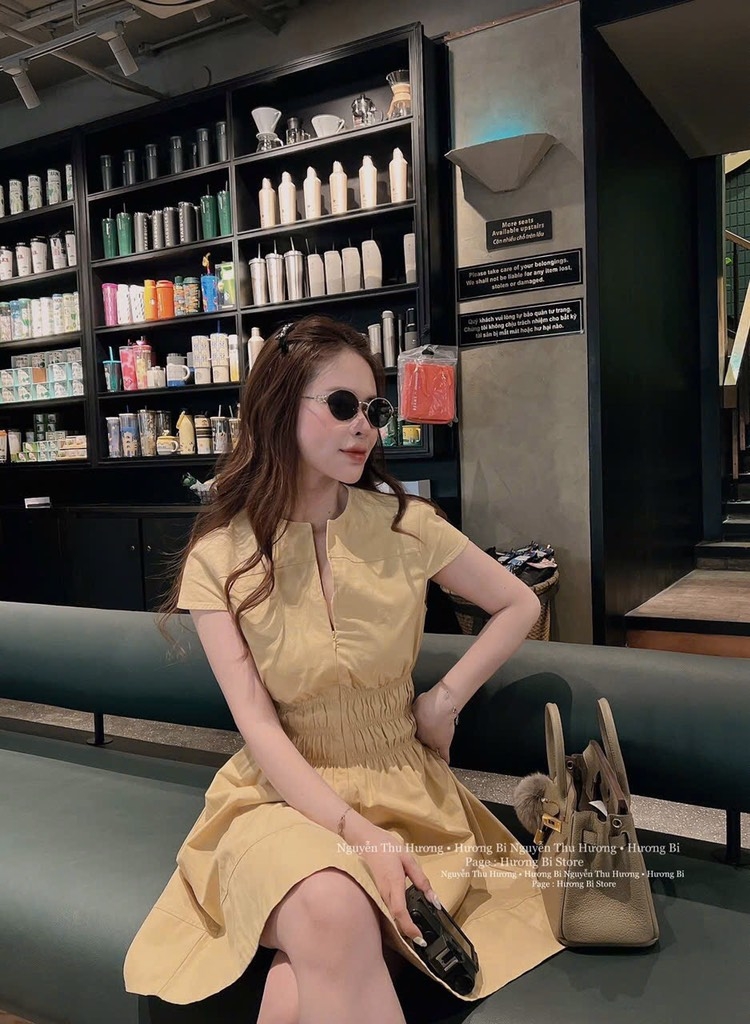 VÁY CỔ CAO TAY CỘC NHÚN EO NỮ