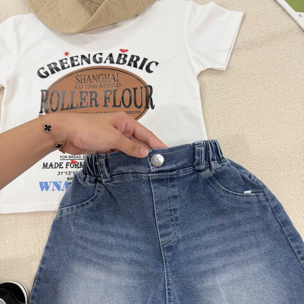 SÉT BỘ ÁO PHÔNG KEM ROLLER FLOUR QUẦN SHORT JEAN CHO BÉ TRAI