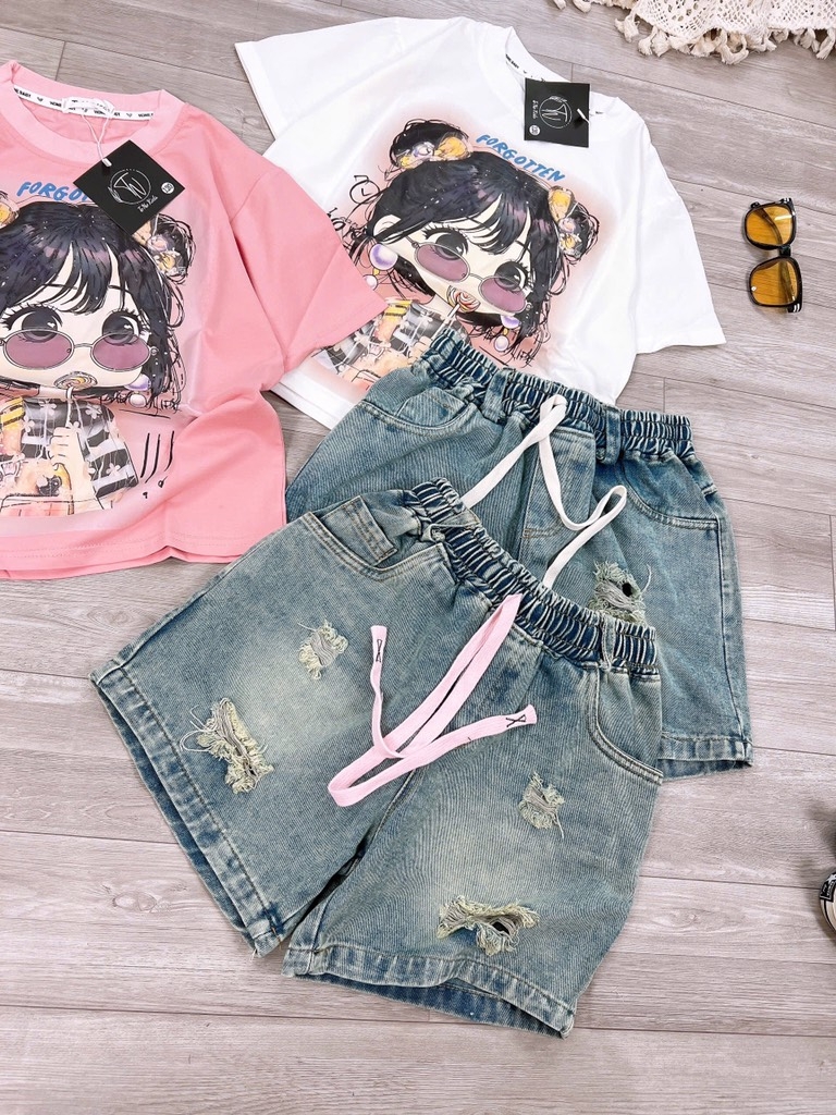 SET ÁO PHÔNG CÔ GÁI ĐEO KÍNH QUẦN BÒ BÉ GÁI