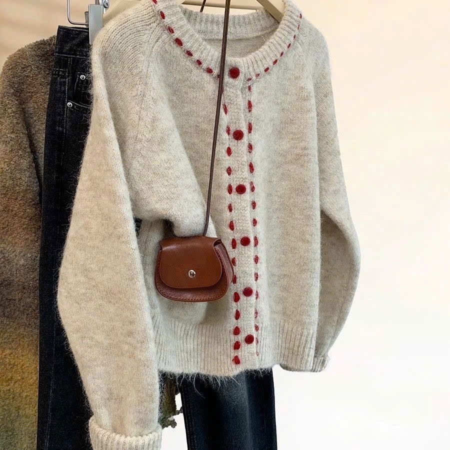 ÁO LEN CARDIGAN CÚC ĐỎ NỮ THU ĐÔNG SẴN