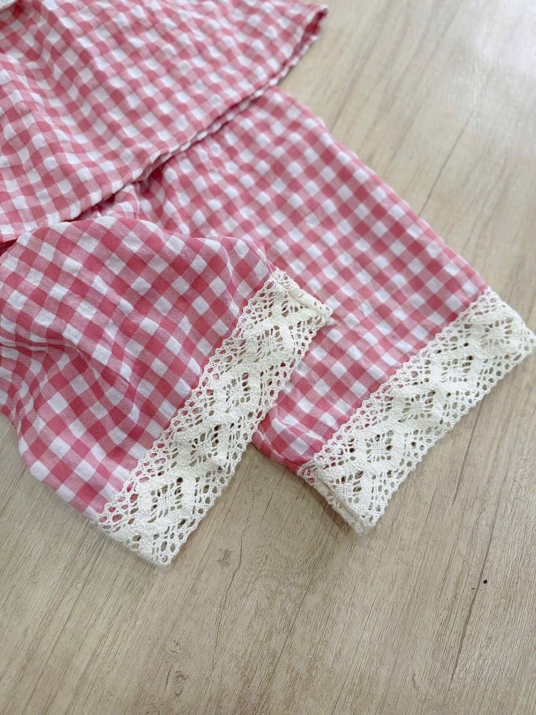 SET KẺ CARO HỒNG VIỀN BÈO BÉ GÁI (xả 39k)