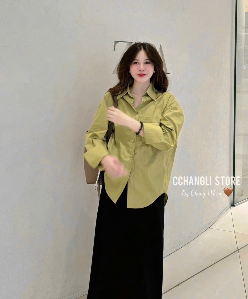 ÁO SƠ MI DÀI TAY XANH LÁ MẠ NỮ