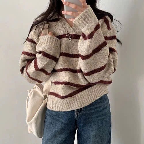 ÁO LEN KẺ CÓ CỔ 2 MÀU NỮ THU ĐÔNG