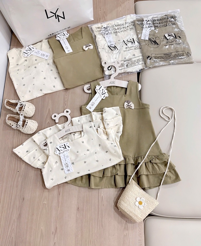 VÁY BÈO 3 TẦNG COTTON XANH RÊU VÀ CHẤM BI BÉ GÁI