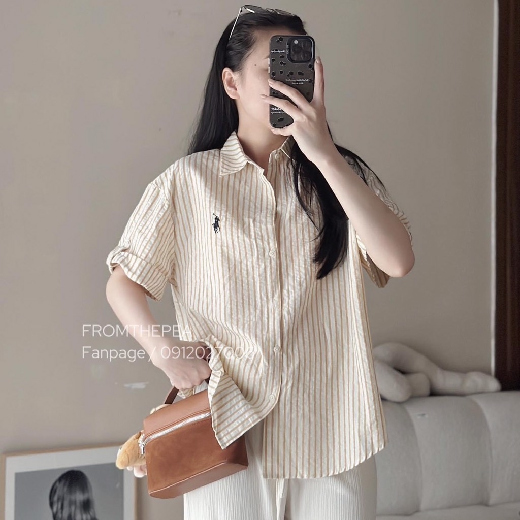 ÁO SƠ MI NỮ KẺ SỌC THÊU NGỰA CỘC TAY GẬP GẤU 2M sale 84k