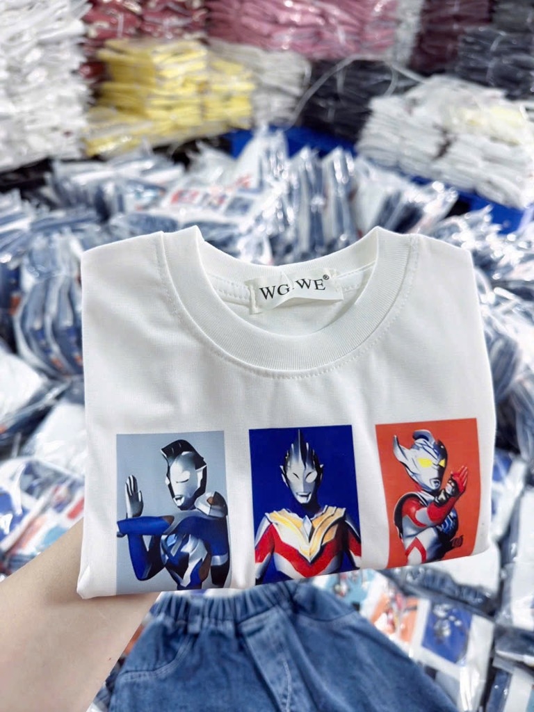 SET ÁO PHÔNG TRẮNG SIÊU NHÂN MIX QUẦN SOOC BÒ BÉ TRAI SẴN(XẢ 69k)