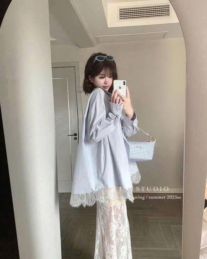 SET ÁO XANH PHỐI CHÂN VÁY REN TRẮNG NỮ