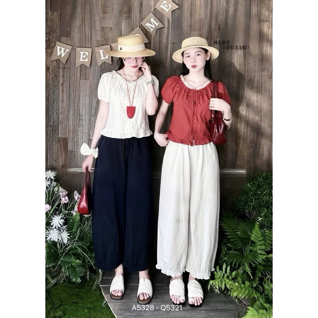 SET QUẦN BÈO GẤU MIX ÁO CHẤM BI PHỐI TƠ CÚC BỌC NỮ