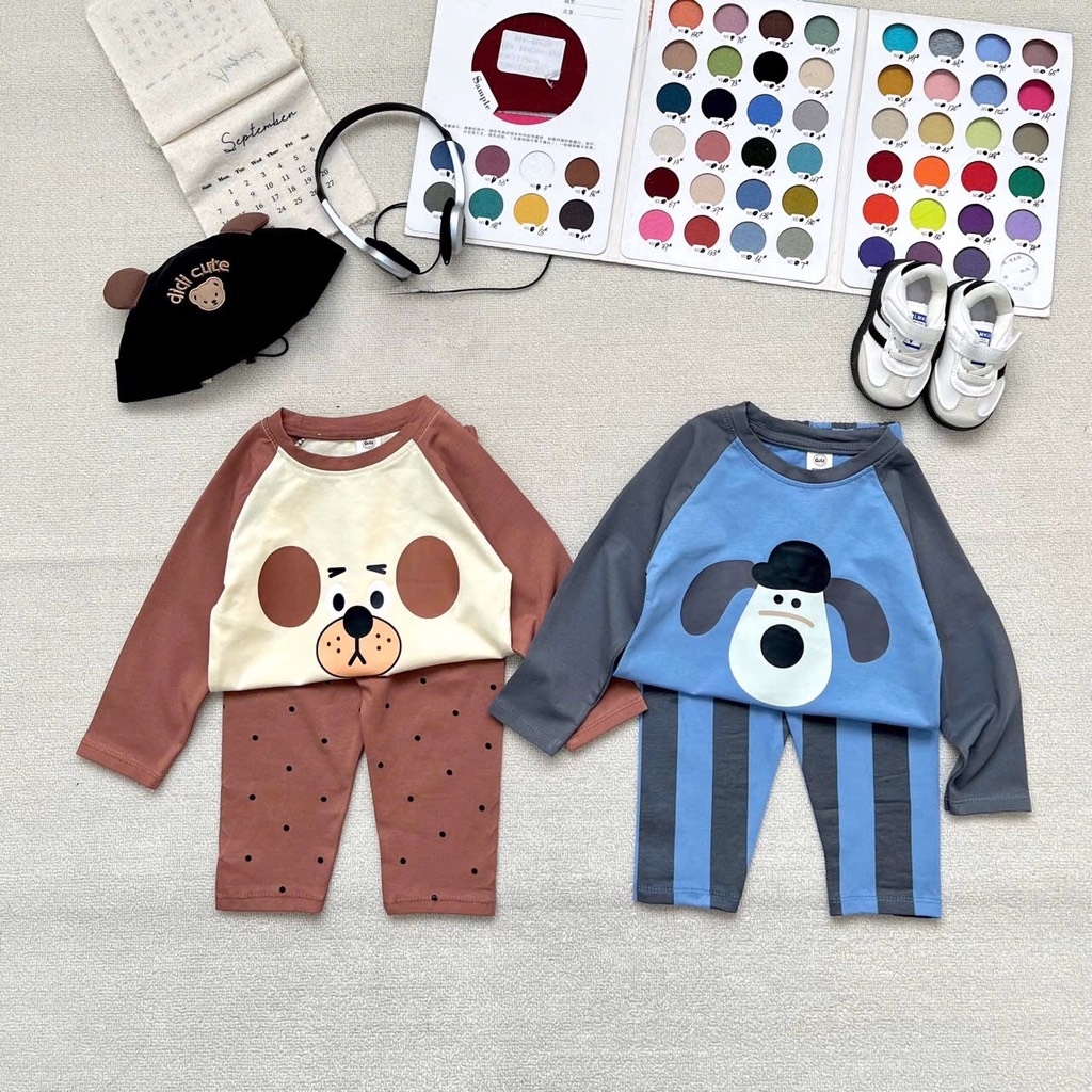 SET 2 BỘ DÀI COTTON CHÓ XANH GẤU NÂU BÉ TRAI SẴN
