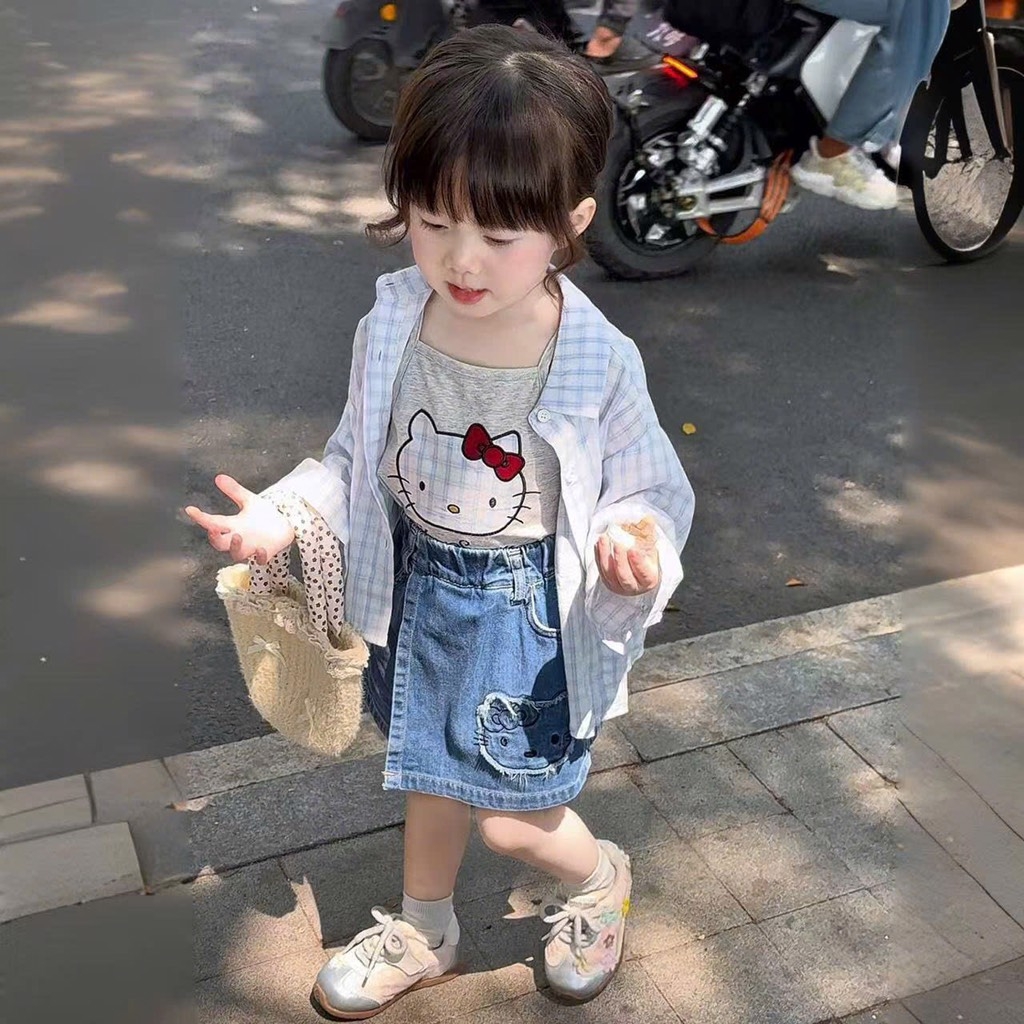 SÉT 3 CHI TIẾT ÁO 2 DÂY SƠ MI KẺ QUẦN VÁY JEAN KITTY BÉ GÁI