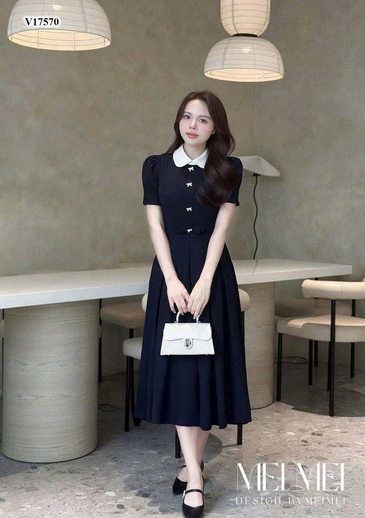 VÁY XẾP LI NƠ EO CỔ PHỐI NỮ SẴN (SALE 149k)