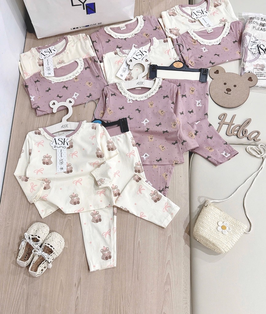 SET 2 BỘ DÀI COTTON GẤU NƠ MÀU HỒNG TÍM - BE BÉ GÁI