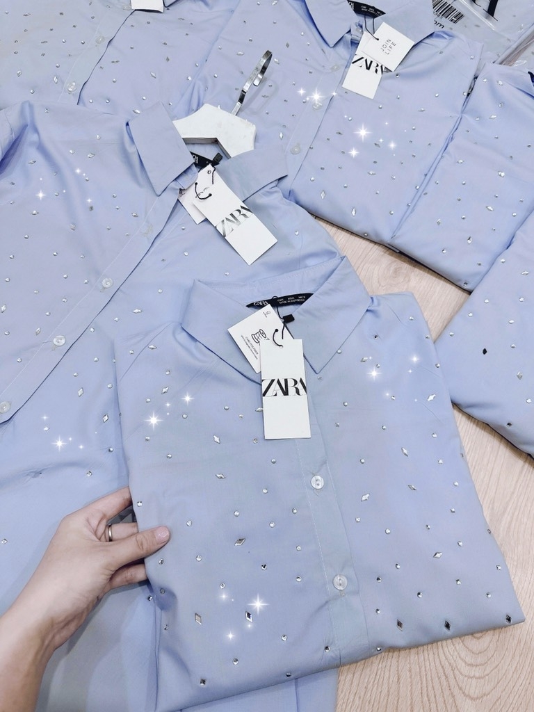 ÁO SƠ MI Z.ARA XANH ĐÍNH ĐÁ BASIC