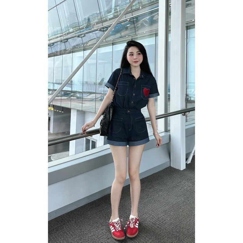 SET JEANS GIẤY JUM THÊU TIM TAY GẤU LV SẴN