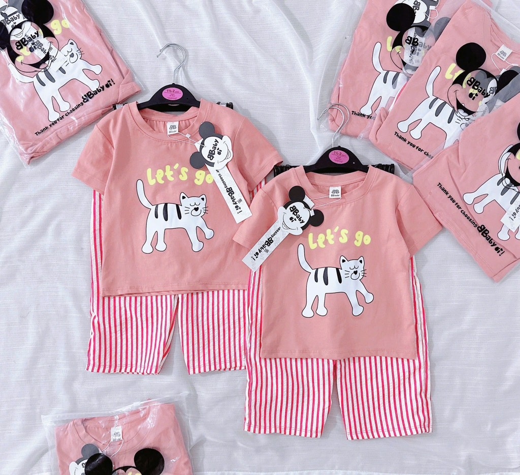 SET BỘ MÈO HỒNG QUẦN KẺ BÉ GÁI SẴN (XẢ 49k)