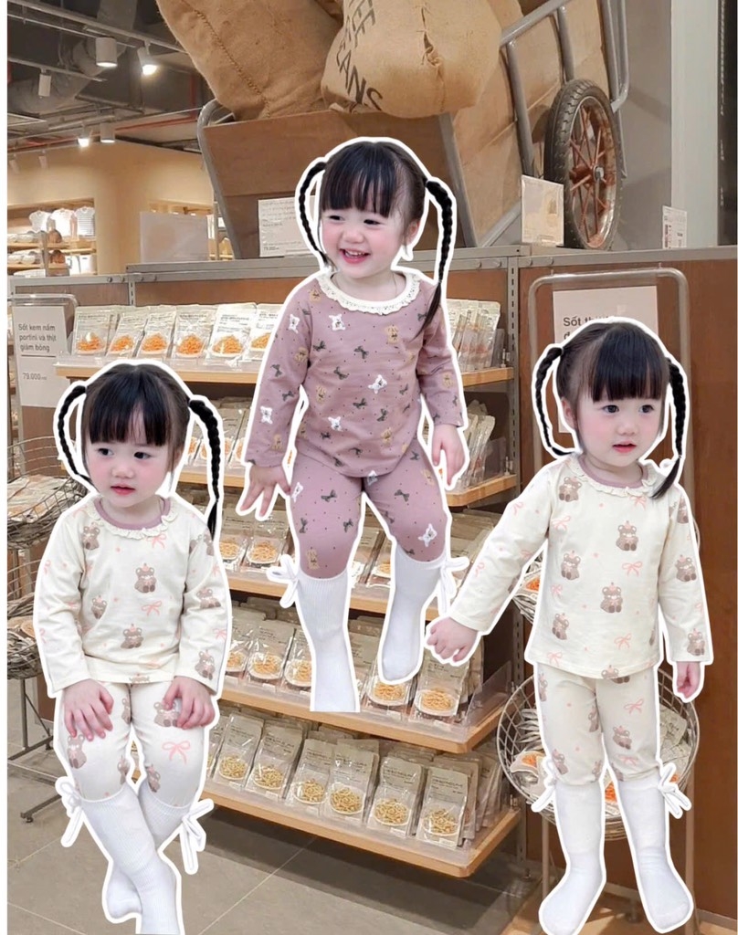 SET 2 BỘ DÀI COTTON GẤU NƠ MÀU HỒNG TÍM - BE BÉ GÁI