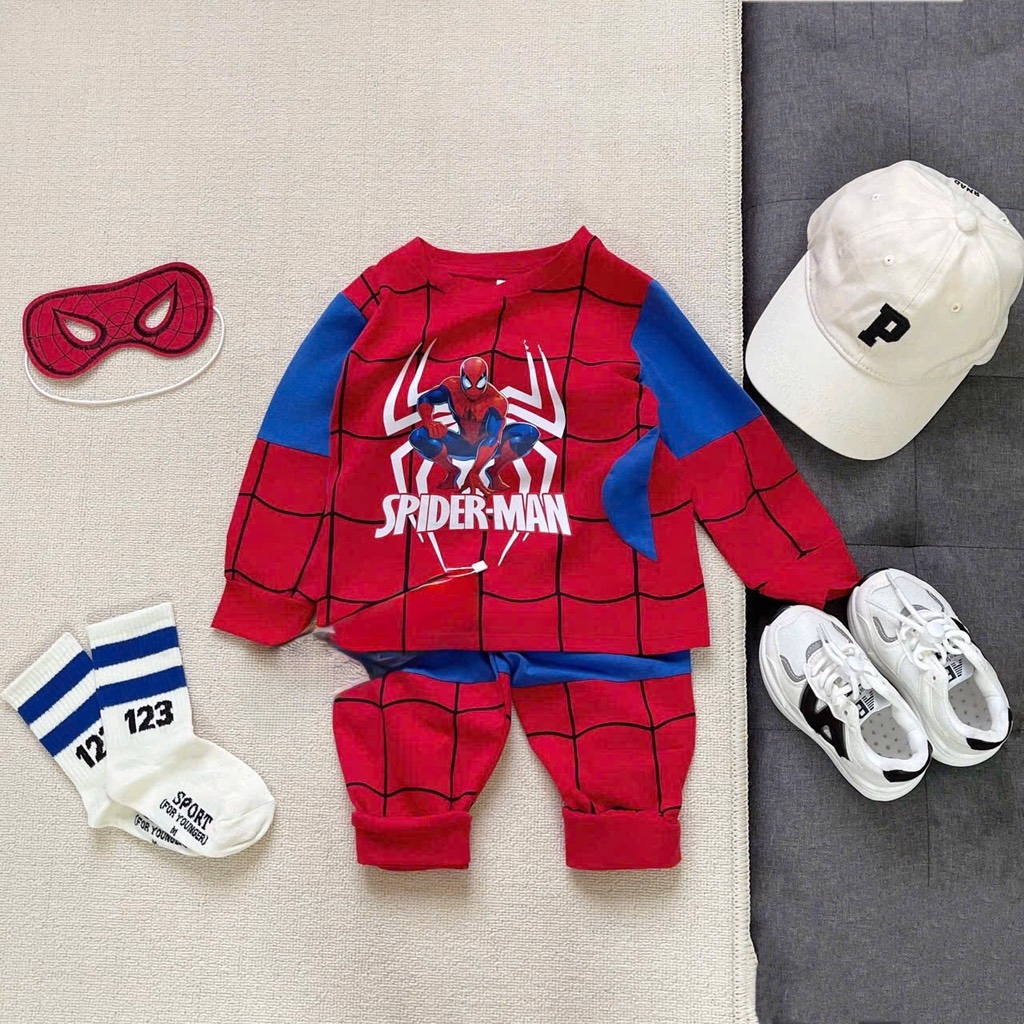 SET BỘ COTTON DÀI NHỆN SPIDER - MAN KÈM MẶT NẠ 2M CHO BÉ TRAI